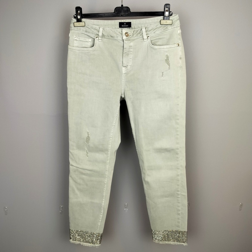 Monari Rhinestone Hem Stretch Cotton Denim Pants Womens 10 Sage Green Distressed